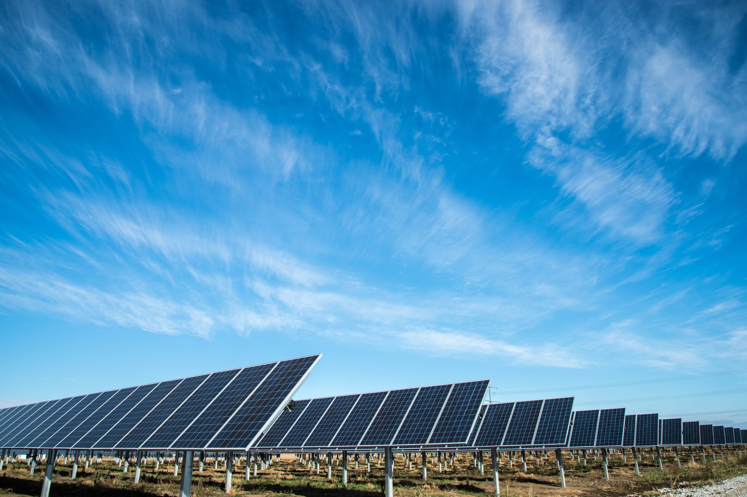 A solar panel farm under an open sky